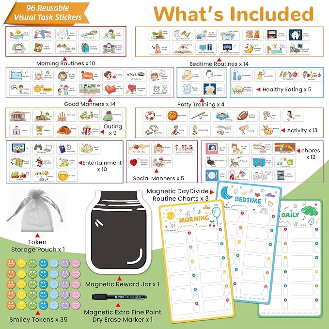 JJPRO Magnetic Bedtime/Morning/Daily Routine Chart for Kids with Reward Jar-Morning Routine Chart,Daily Checklist Reward Chart for Toddlers,Reward Jar for Kids,Cute Visual Schedule Board for Home