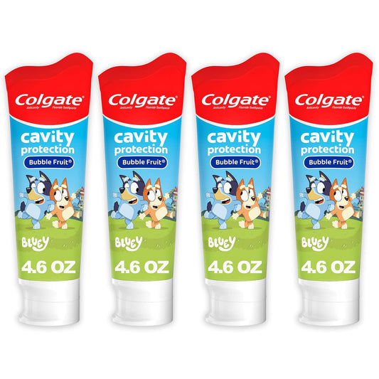 Colgate Kids Bluey Toothpaste with Fluoride for Cavity Protection, Ages 2+, ADA Accepted, Sugar Free and Gluten Free, Bubble Fruit Flavor, 4 Pack, 4.6 Oz Tubes