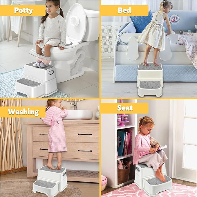 WELSPO 2 Step Stool for Kids, Toddler Step Stool for Bathroom, Kitchen, Bedroom, Living Room, Non-Slip Toddlers Toilet Potty Stool with Handles Baby Child Kid Plastic Poop Stools(Gray)