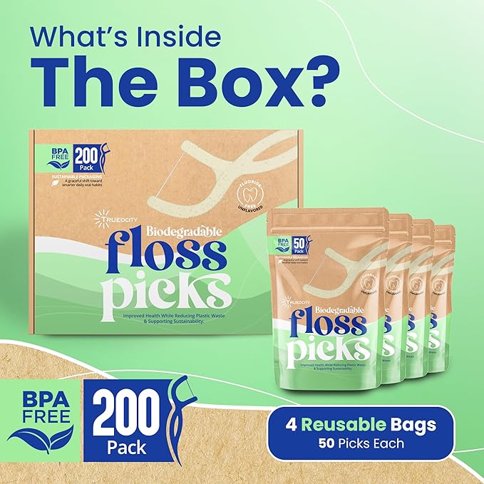 Biodegradable Floss Picks, Natural & Organic Floss Picks, Eco-Friendly Tooth Flossers, Perfect for Adults, Sustainable Oral Care, Fresh Breath, Eco-Conscious Solution (200 Units)