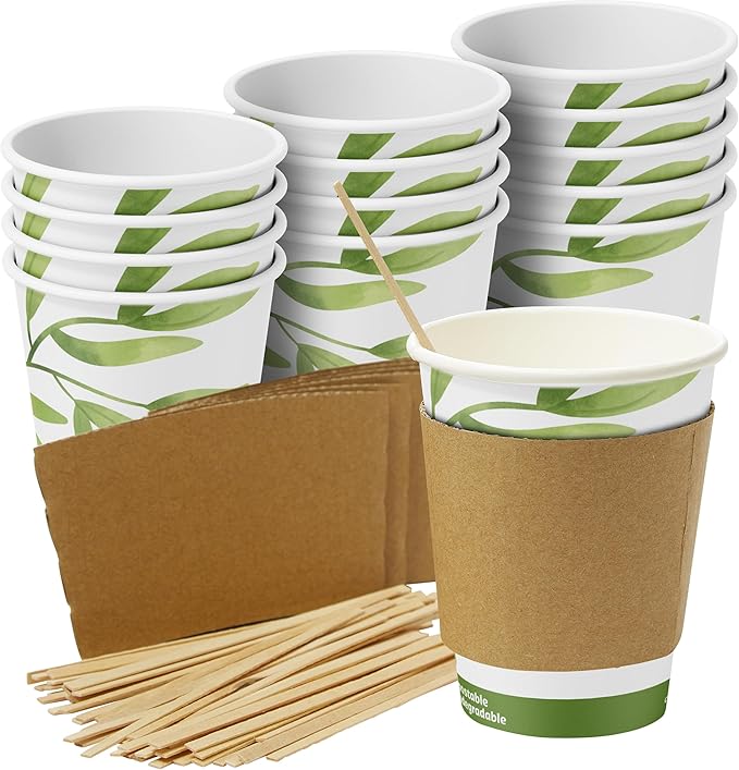 50Pk of 12Oz Recyclable Hot Drink Cups Wood Stirrers and Cardboard Coffee Sleeves. Biodegradable Compostable and Disposable Decorative White Coffee Cups Useful for Eco Friendly Business and Cafes.
