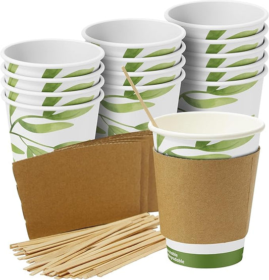 50Pk of 12Oz Recyclable Hot Drink Cups Wood Stirrers and Cardboard Coffee Sleeves. Biodegradable Compostable and Disposable Decorative White Coffee Cups Useful for Eco Friendly Business and Cafes.