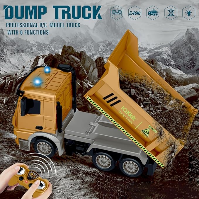 Remote Control Dump Truck Toys - RC Construction Vehicles with Blue Warning Lights, Trucks Toy for Boys Girls 3 4 5-7 8 9 10 Year Old and Up, Best Birthday Gift Ideas for Kids Age 5-10