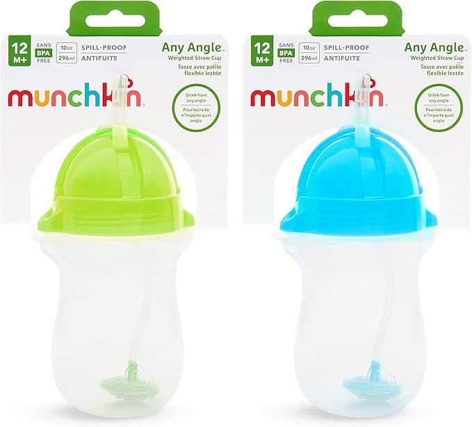 Munchkin Straw Cups, 10 Ounce, Weighted, Click Lock Lid | 4 Pack | Blue/Green | Toddler | Any Angle