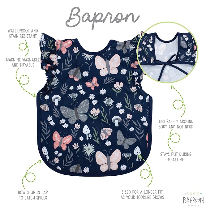 BapronBaby Flutter Butterfly Garden Bapron - No Neck Tie Safer Bib for Baby & Toddler - Soft Waterproof Stain Resistant - Machine Washable - Sz Preschool 3-5yrs