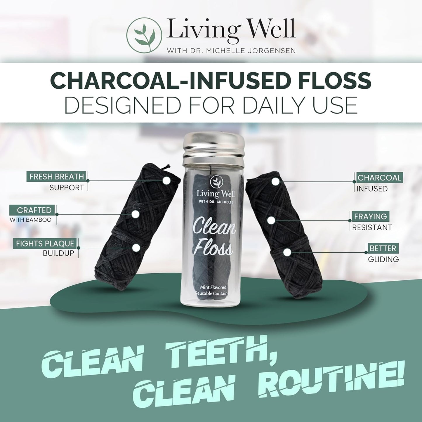 Living Well Bamboo Charcoal Dental Floss – Natural, Vegan, Biodegradable, PFAS-Free – Eco-Friendly Floss with Glass Jar – Zero Waste Oral Care