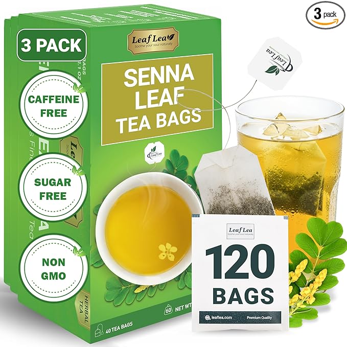 LeafLea 120 Senna Tea Bags – Pure Senna Herbal Laxative Tea, Naturally Supports Constipation Relief & Digestive Cleanse, Caffeine-Free, No Sugar, No Gluten, Non-GMO, Vegan, Individually Wrapped