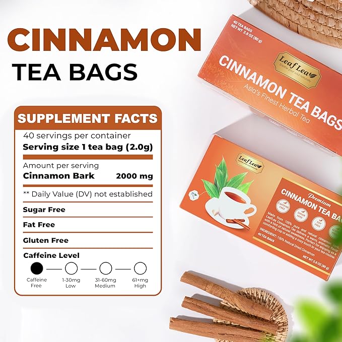 LeafLea 120 Cinnamon Tea Bags, Premium Herbal Tea with Ground Cinnamon Sticks, Spiced and Soothing Flavor for Relaxation, Caffeine-Free, Sugar-Free, Non-GMO, Vegan