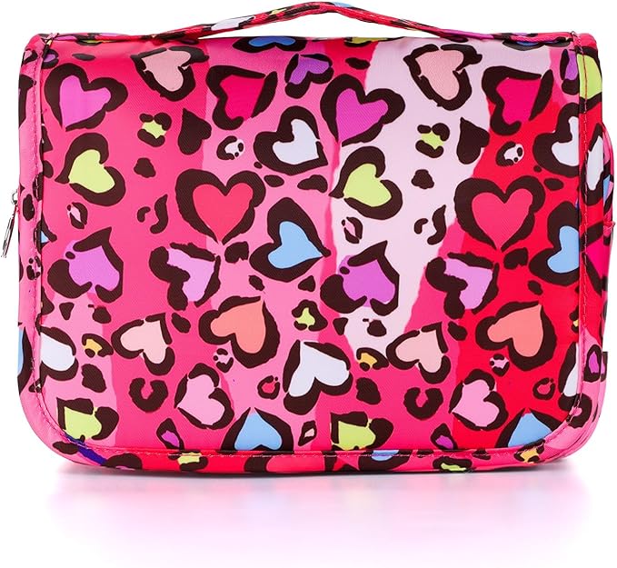 Kids Hanging Toiletry Bag for Girls, Travel Toiletry Bag for Little Young Girls Cosmetic Makeup Waterproof Wash Bag Toddler Traveling Toiletries, Leopard Red