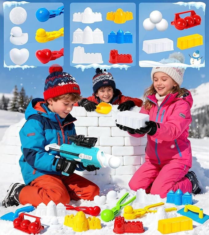 DISHIO Snowball Maker Kit, Snow Ball Maker Toys for Kids Winter Toy with Snowball Blaster Launcher, 3 Duck Shaped Clips, Molds, Snow Shovel, Carry Bag, Outdoor Snow Fight Toys for Kids and Adults