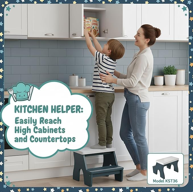 KST36 Wooden Step Stool - 250LBS Load, Non - Slip Water - Resistant Foot Stool for All Ages, Bathroom & Kitchen (Blue & White, Two Step)