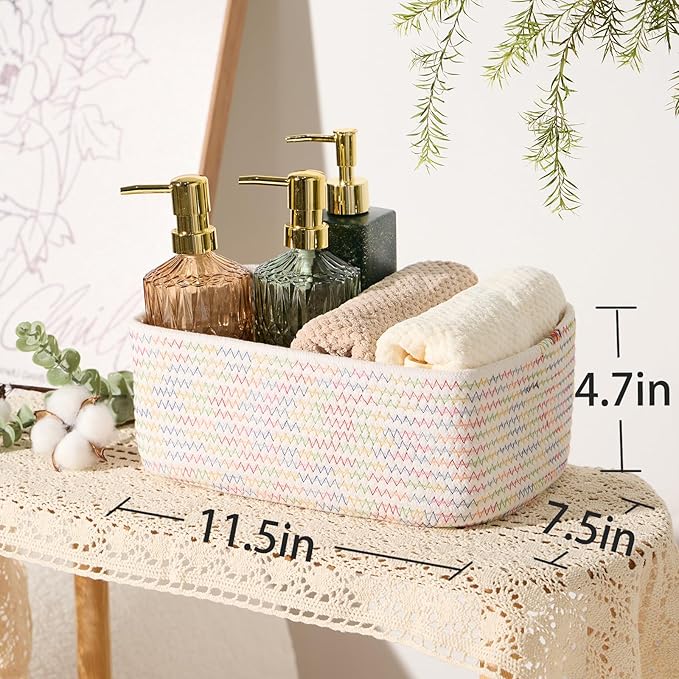 Small Storage Baskets for Organizing | Closet Organizer Bins | Shelf Toy Basket | Woven Rope Baskets | Cube Decorative Box | Shallow Basket | 11.5x7.5x4.7” | 4 Packs Rainbow