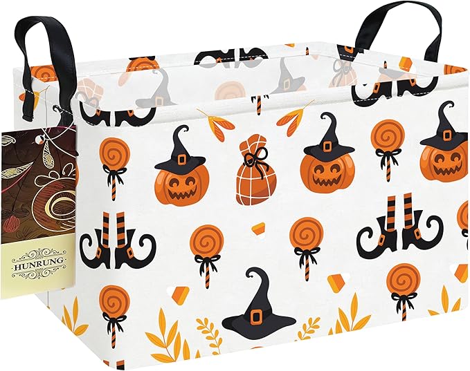 HUNRUNG Rectangle Storage Basket Cute Canvas Organizer Bin for Pet/Children Toys, Books, Clothes Perfect for Rooms/Playroom(REC-Candy Pumpkin)