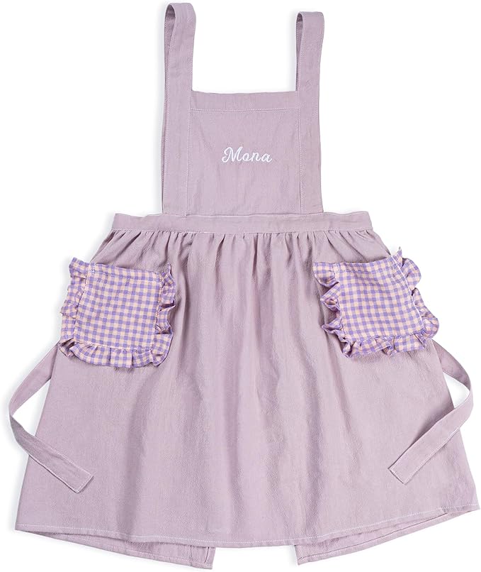 MT WORLD Girls Apron Personalized Linen Kids Aprons for Cooking Toddler Girls Cross Back Apron Pinafore for Baking Crafting