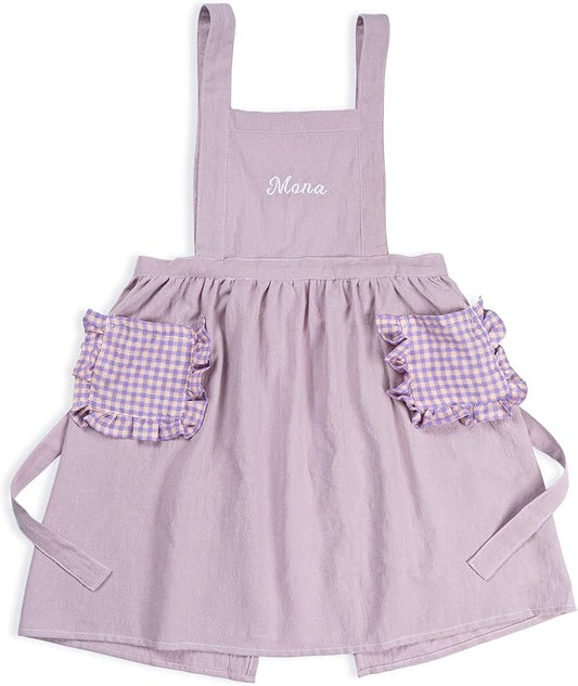 MT WORLD Girls Apron Personalized Linen Kids Aprons for Cooking Toddler Girls Cross Back Apron Pinafore for Baking Crafting