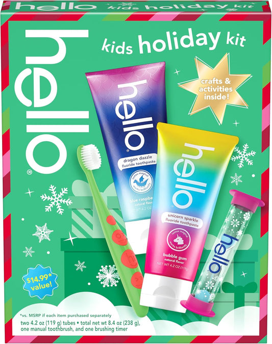 Hello Kids Toothbrush and Kids Toothpaste with Fluoride Holiday Gift Set, for Ages 3 and Older, Includes Bubblegum and Blue Raspberry Flavored Toothpastes, an Hourglass Timer, and Fun Holiday Crafts