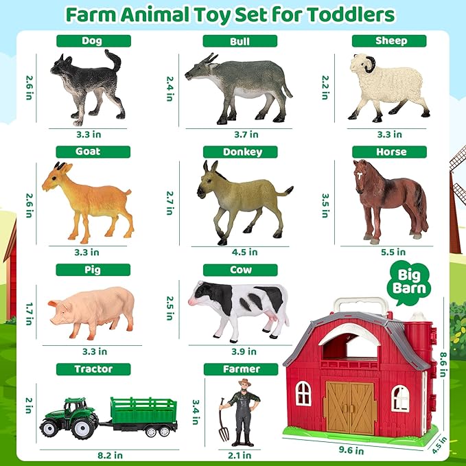 Farm Animals Toys for 1 2 3 4 5 Year old Toddlers Girls Boys, Big Red Barn Farm with Figures Animals and Tractor Toy for Kids, Farm Playset Educational Learning Toys, Ideal Christmas Birthday Gifts