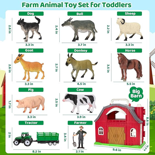 Farm Animals Toys for 1 2 3 4 5 Year old Toddlers Girls Boys, Big Red Barn Farm with Figures Animals and Tractor Toy for Kids, Farm Playset Educational Learning Toys, Ideal Christmas Birthday Gifts