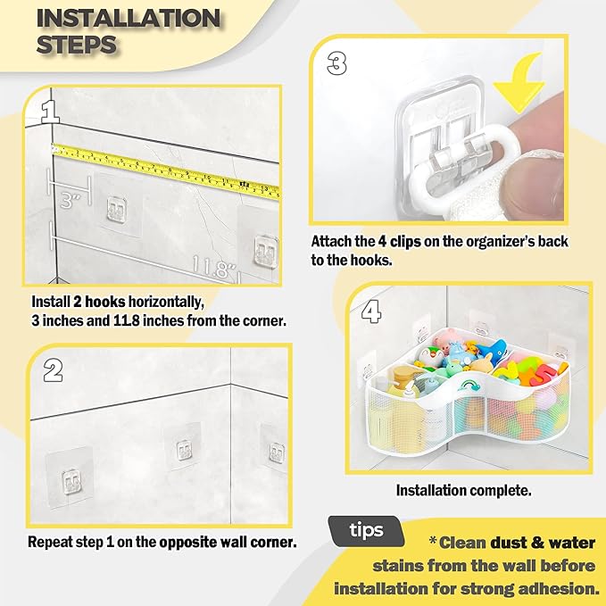 3-Compartment Corner Bath Toy Storage Organizer for Tub - Wide-Opening Mesh Kids Bath Toy Holder with Easy Sorting & Storage, Quick-Drying Machine-Washable Bathroom Organizer for Tidy Bathtub