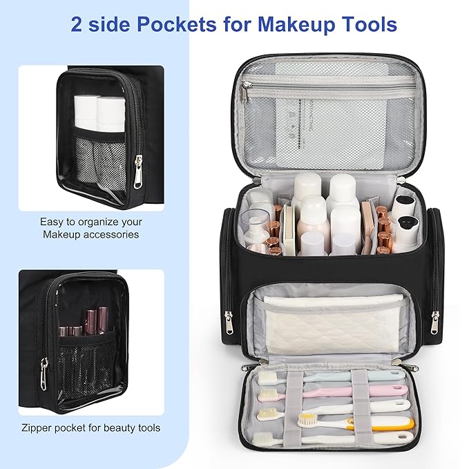 Large Makeup Bag, Travel Toiletry Bag for Women, Lightweight Cosmetic Makeup Bag Organizer with Handle and Clear Side Pockets for Traveling, Accessories, Essentials, Toiletries, Black