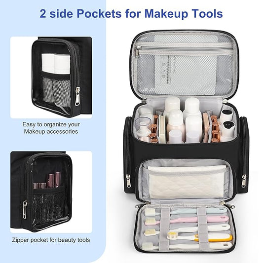 Large Makeup Bag, Travel Toiletry Bag for Women, Lightweight Cosmetic Makeup Bag Organizer with Handle and Clear Side Pockets for Traveling, Accessories, Essentials, Toiletries, Black
