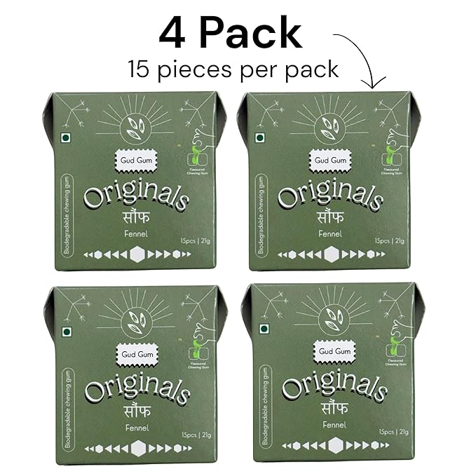 Gud Gum- Natural, Plastic Free Chewing Gum- Clove, Cardamom, Fennel, Cinnamon- 21g x 4 - Mini Pack of 4- No added artificial colours, flavours & sweeteners (Pack of 4, Fennel)