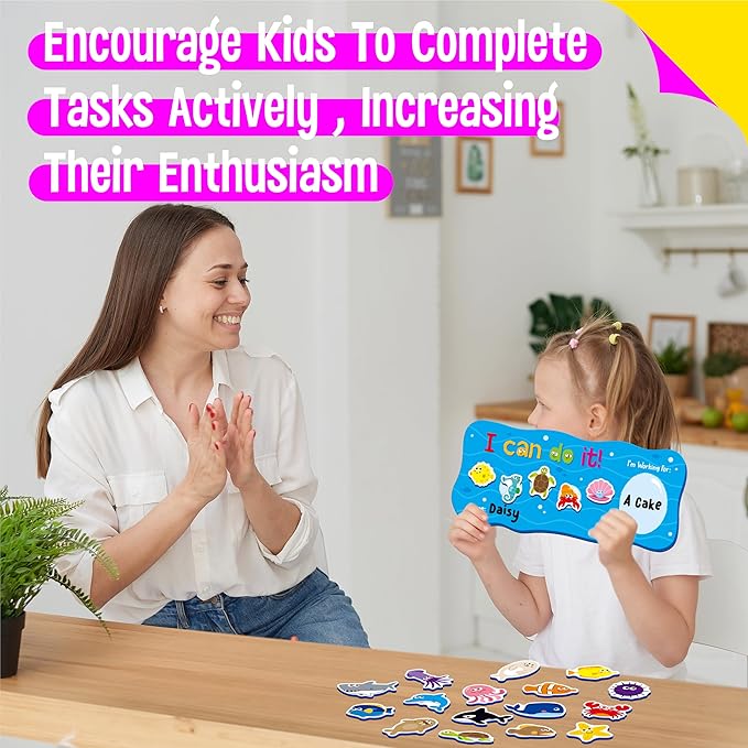 “I CAN DO IT” Token Board, Magnetic Reward Chart with 30 Animal Magnets, Sea-Themed Reward System Board, Incentive Chart for Good Behavior and Responsibility, Great for Toddlers, Kids, Students