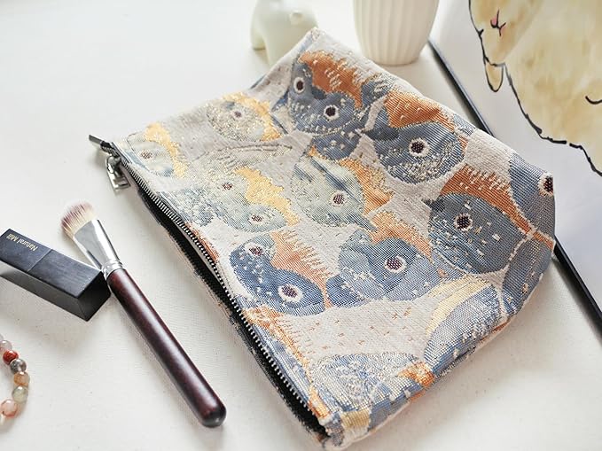 HAPPYHEIDI Cute Canvas Makeup Bag Cosmetic Toiletry Travel Pouch Car Handbag Organizer, Jacquard Golden Hirundo Rustica, Creamy Beige