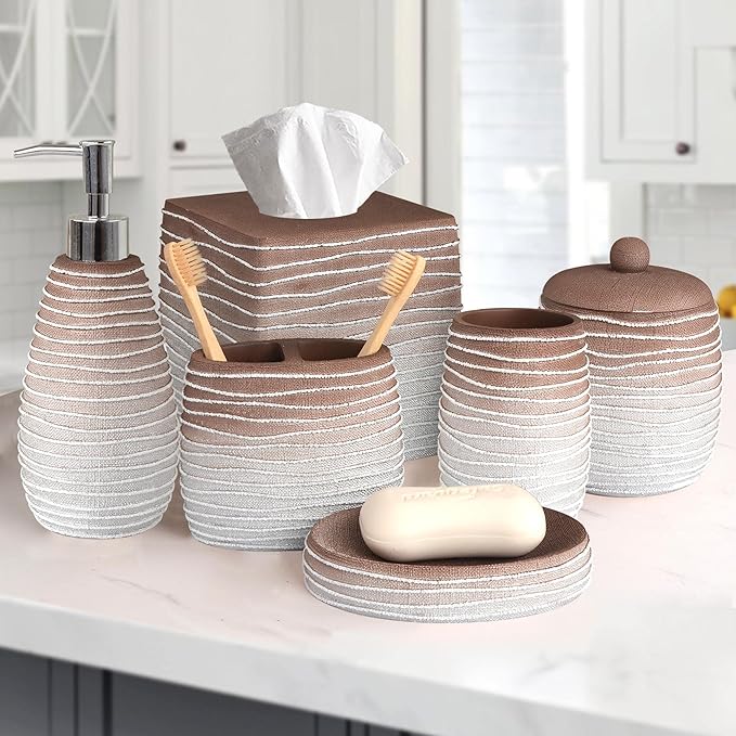 6-Piece Bathroom Accessories Set – Soap Dispenser, Toothbrush Holder, Tumbler, Soap Dish, Cotton Swab Jar & Toilet Brush – Modern Bathroom Decor Set (Antonetta)