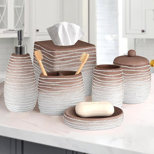 6-Piece Bathroom Accessories Set – Soap Dispenser, Toothbrush Holder, Tumbler, Soap Dish, Cotton Swab Jar & Toilet Brush – Modern Bathroom Decor Set (Antonetta)