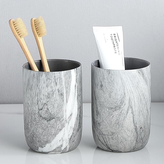 Marble Grey Toothbrush Holders for Bathrooms - 2 Cups Ceramic Toothbrush Toothpaste Holders, Grey Bathroom Tumbler Cups Reusable Toothbrush Mouthwash Cups, Bathroom Counter Organizer.