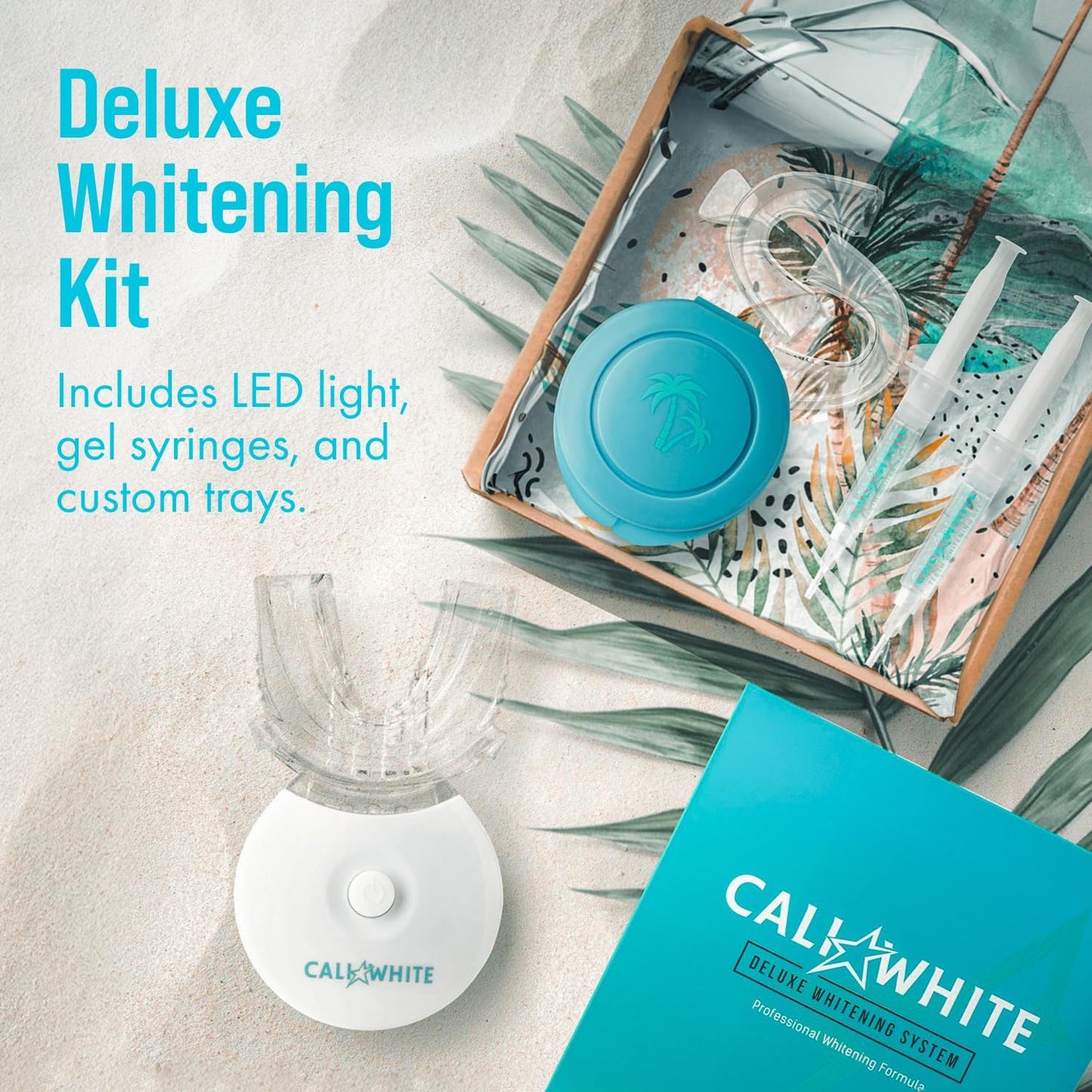 Cali White Teeth Whitening Strip Kit with LED Light and Batteries - Organic Peroxide Teeth Whitener Gel - Set of White Strips - 2x5ml Syringes, Thermoform Whitening Kit Trays and Case