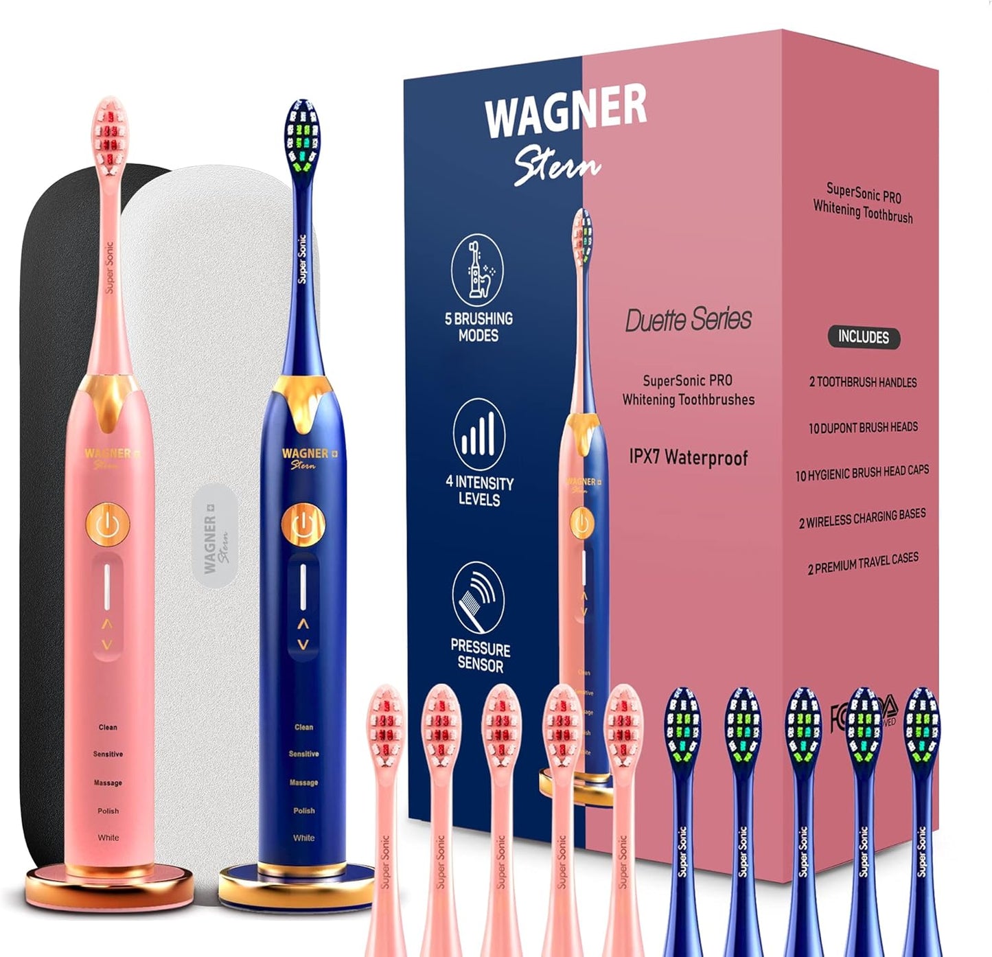 Wagner Stern. Duette Series. 2 Electric toothbrushes with Pressure Sensor. 5 Brushing Modes and 4 Intensity Levels, 10 Dupont Bristles, 2 Premium Travel Cases. (Pink/Blue)