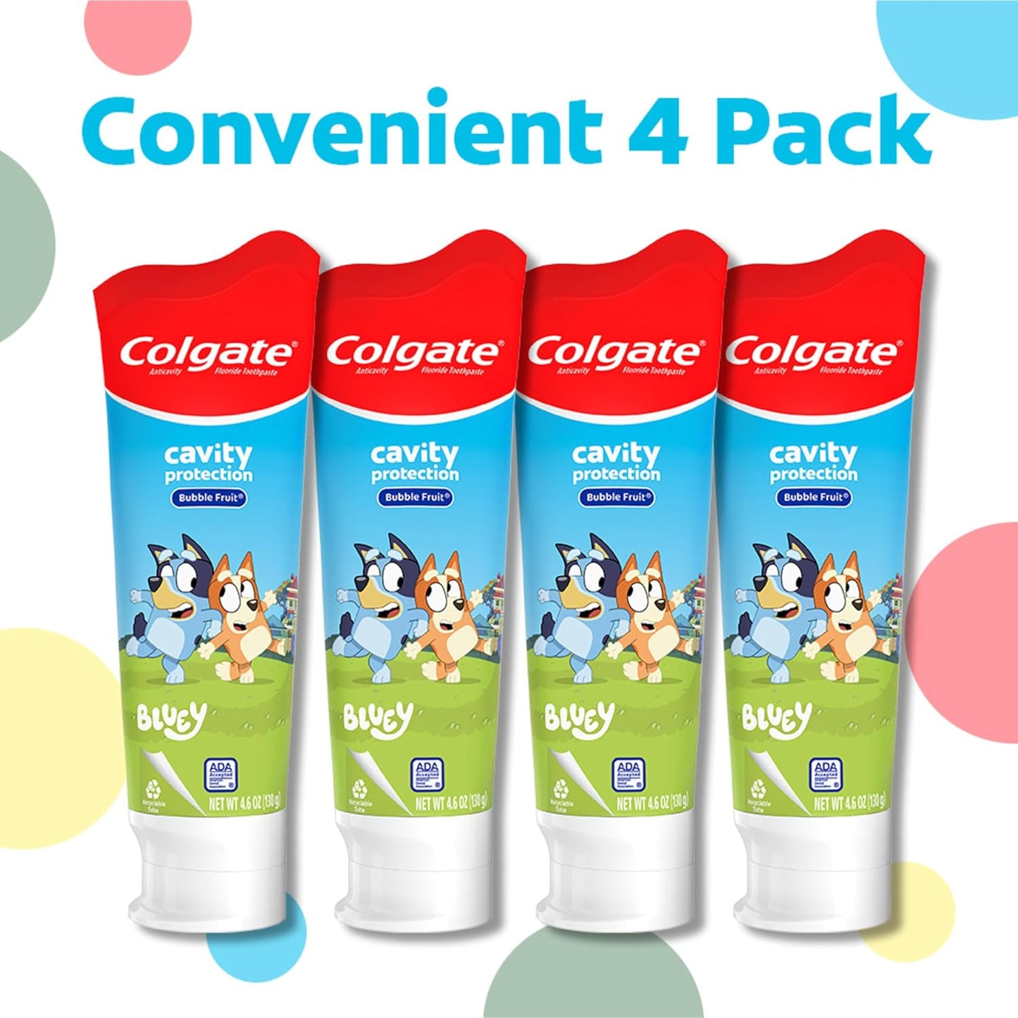 Colgate Kids Bluey Toothpaste with Fluoride for Cavity Protection, Ages 2+, ADA Accepted, Sugar Free and Gluten Free, Bubble Fruit Flavor, 4 Pack, 4.6 Oz Tubes