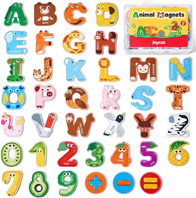 JoyCat Wooden Thick Alphabet Magnets for Toddlers Fridge Large Size Cute Animal Colorful ABC Magnetic Letters 26 Uppercase Letters 0-9 Numbers Toy Set for Kids Toddlers Preschool Learning Spelling