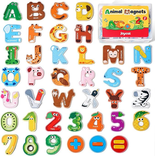 JoyCat Wooden Thick Alphabet Magnets for Toddlers Fridge Large Size Cute Animal Colorful ABC Magnetic Letters 26 Uppercase Letters 0-9 Numbers Toy Set for Kids Toddlers Preschool Learning Spelling