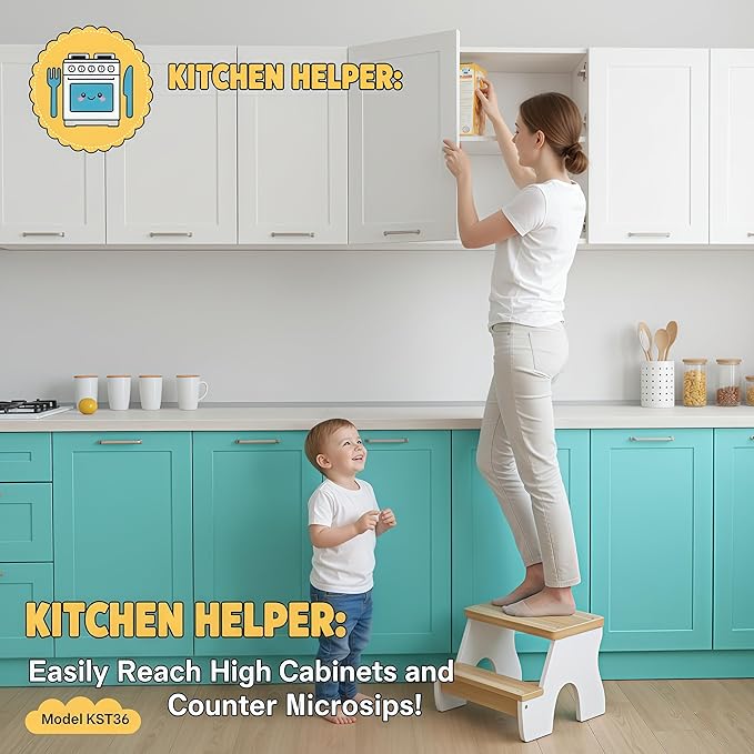 KST36 Wooden Step Stool - 250LBS Load, Non - Slip Water - Resistant Foot Stool for All Ages, Bathroom & Kitchen (White & Natural Wood, Two Step)