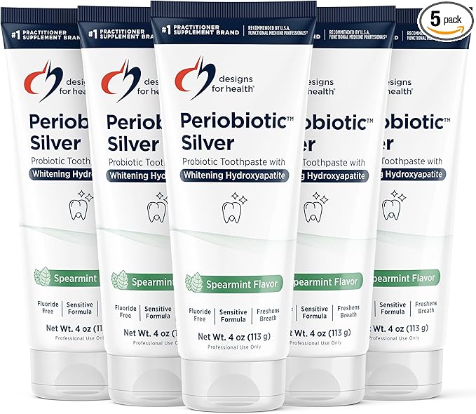 Designs for Health Periobiotic Silver Hydroxyapatite Toothpaste - Fluoride Free Toothpaste with Oral Probiotics - Supports Gum Health & Remineralization, 4oz Mint (Pack of 5)
