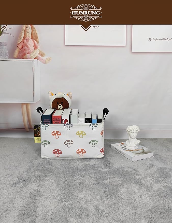 HUNRUNG Rectangle Storage Basket Cute Canvas Organizer Bin for Pet/Children Toys, Books, Clothes Perfect for Rooms/Playroom(REC-Color Mushroom)