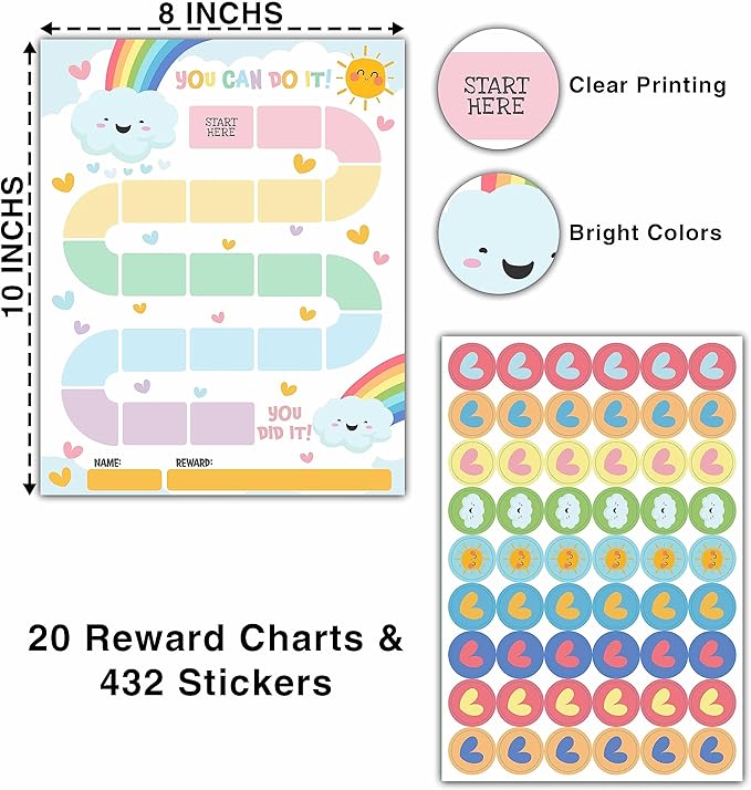 20 Rainbow Reward Chart with 432 Round Stickers, Incentive Behavior Chart for Kids at Home Classroom, Kids Routine Daily Chore Sticker Chart-B16
