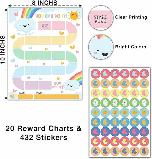 20 Rainbow Reward Chart with 432 Round Stickers, Incentive Behavior Chart for Kids at Home Classroom, Kids Routine Daily Chore Sticker Chart-B16