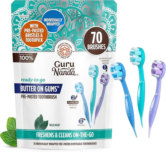 GuruNanda Ready-to-Go Disposable Mini Travel Toothbrushes - Butter on Gums Softex Bristles, Pre-Pasted Toothbrush & Toothpick - Fluoride-Free, No Rinsing Needed, 70 Ct