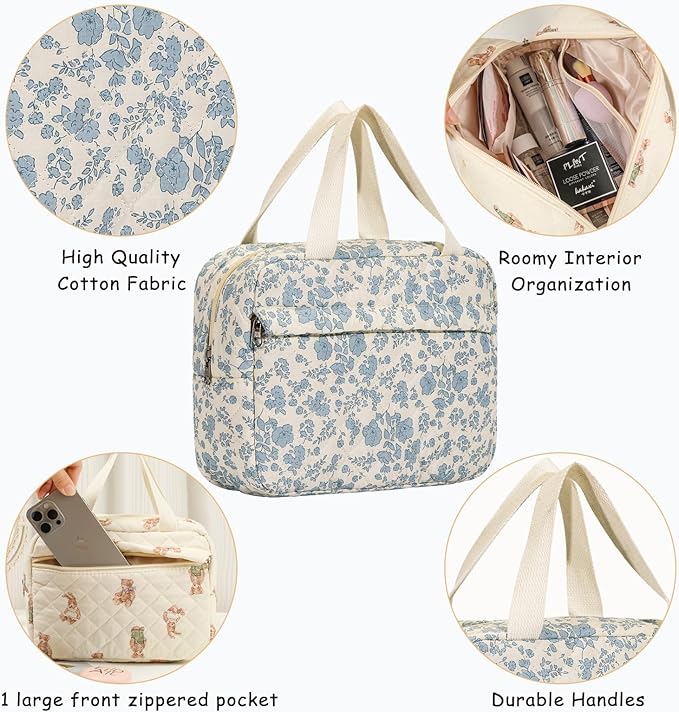 Large Size Quilted Coquette Makeup Bag, Cute Preppy Floral Cotton Travel Cosmetic Organizer Bag with Top Handle, Multi-Layer Travel Toiletry Pouch (01Lightblue Flower)