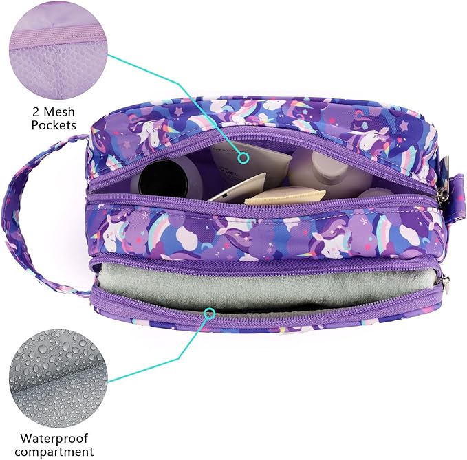 Unicorn Kids Toiletry Bag for Girls, Travel Toiletry Bag for Little Young Girls Cosmetic Bag Makeup Bag Waterproof Hanging Wash Bag Toddler Toiletries, Purple