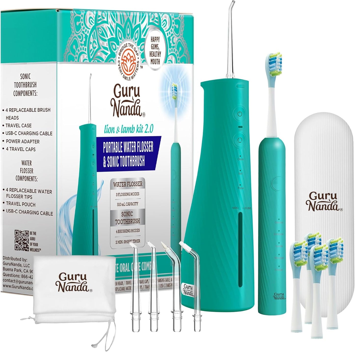 GuruNanda Lion & Lamb Kit 2.0, Electric Toothbrush with Water Flosser Combo, 4 Jet Tips, 4 Brush Heads, & IPX7 Waterproof Design for Complete Oral Care, Teal