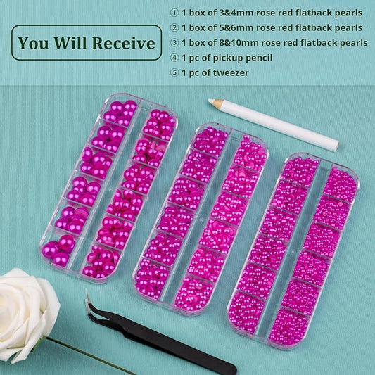 3 Boxes Flat Back Pearls Kit 11 Flatback Rose Red Half Round Pearls 3-10mm with Pickup Pencil and Tweezer for Home DIY and Professional Nail Art, Face Makeup and Craft