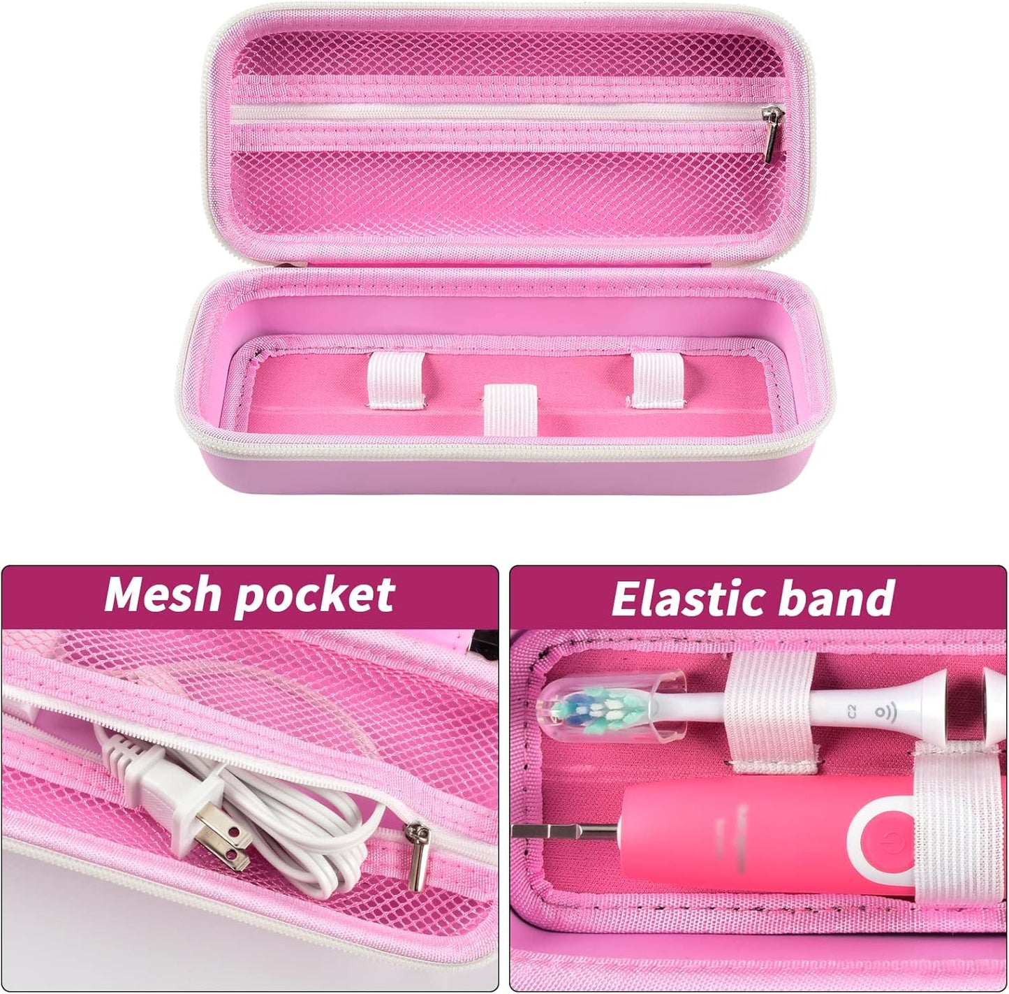 Toothbrush Travel Case Compatible with Oral-B Pro 1000, 2000, 3000, 3500, 1500/ for Philips Sonicare ProtectiveClean 4100 5100 Electric Toothbrush with Mesh Pocket for Accessories - Pink (Bag Only)