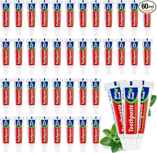 60 Tubes Bulk Travel Size Mini Toothpaste, 0.176 oz Disposable Mint Flavor Pocket Teeth Paste Small Essential Toothpaste for Travel, Home/Hotel/Guests/Charity/Homeless/Camping Oral Care (Single Use)