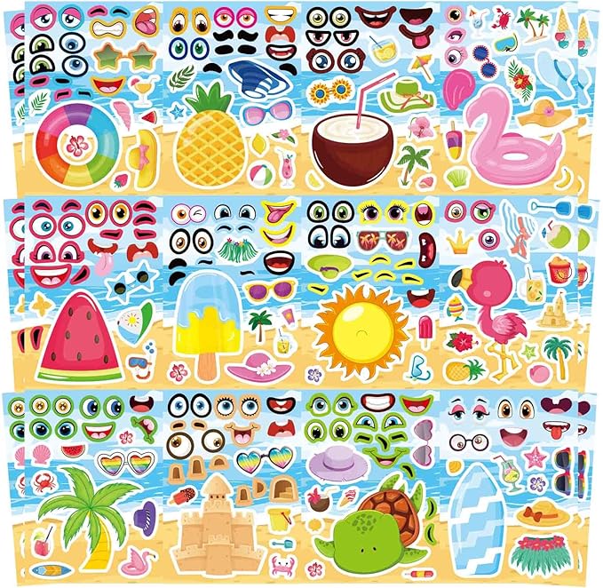48 Sheets Summer Stickers for Kids, Make a Face Sticker Hawaii Tropical Pool Beach Sticker, Make Your Own Watermelon Pineapple Flamingo Stickers for Tropical Luau Party, Summer Holiday Party Favors