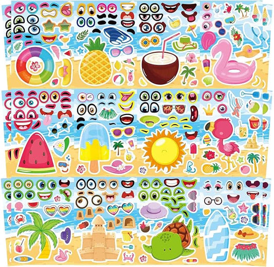 48 Sheets Summer Stickers for Kids, Make a Face Sticker Hawaii Tropical Pool Beach Sticker, Make Your Own Watermelon Pineapple Flamingo Stickers for Tropical Luau Party, Summer Holiday Party Favors